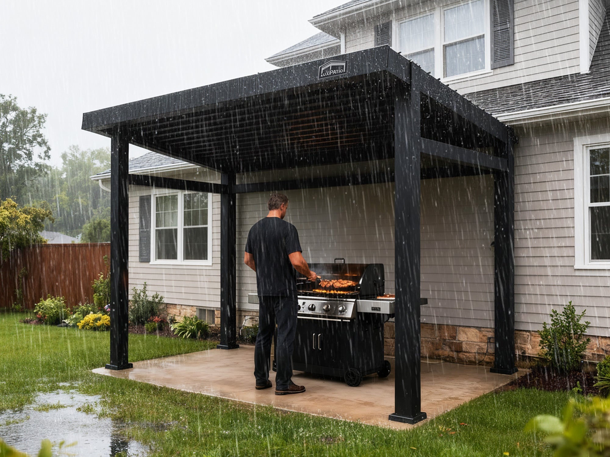 A man grilling outdoors under a sturdy, modern black pergola attached to a suburban house while heavy rain is falling, demonstrating the structure's weather protection.