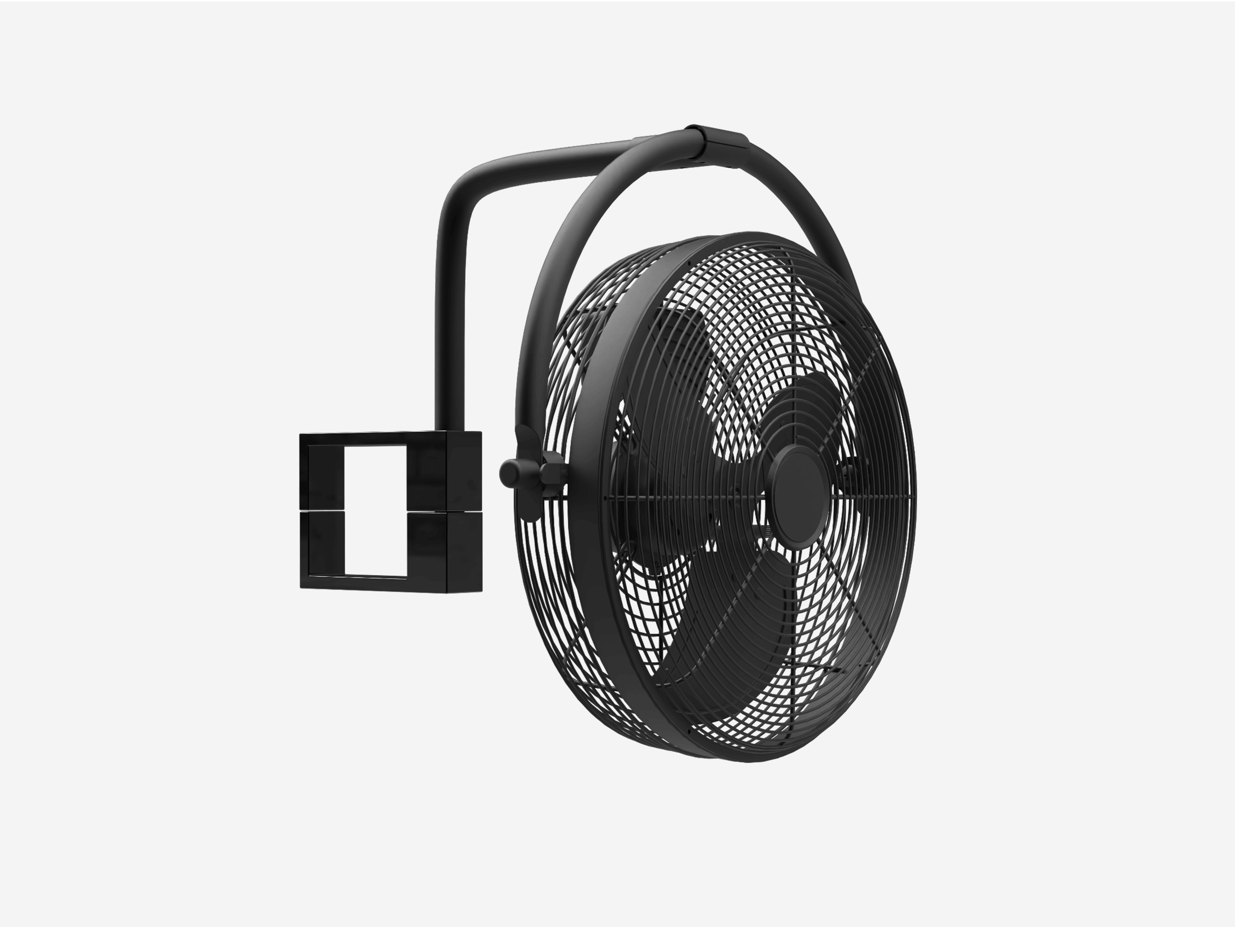 Black industrial grill fan for Nestgrill with protective cage, curved handle, and weather-resistant mounting bracket.