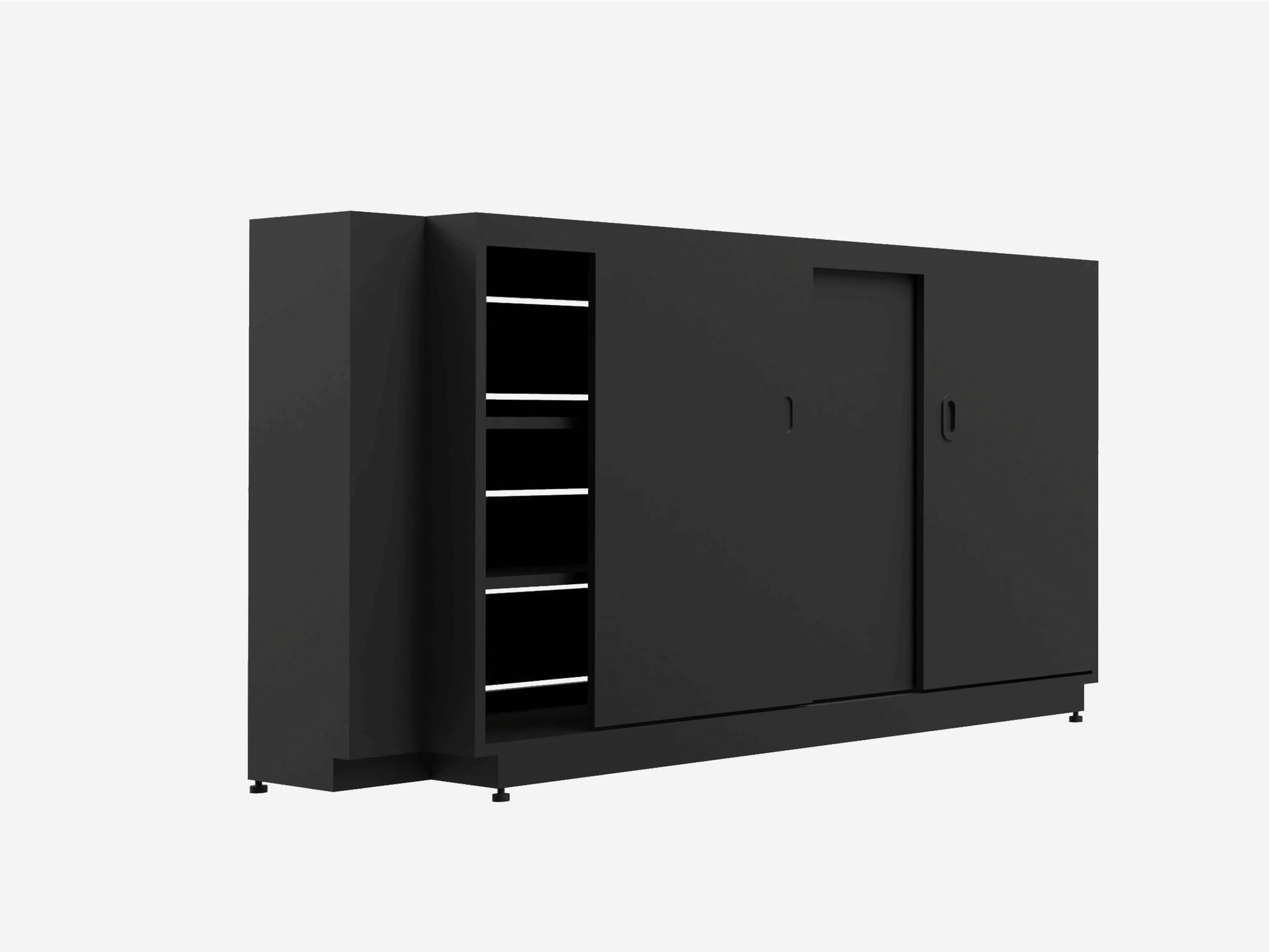 Black aluminum grill cabinet with sliding doors and open shelving, perfect for outdoor kitchen storage and organization.