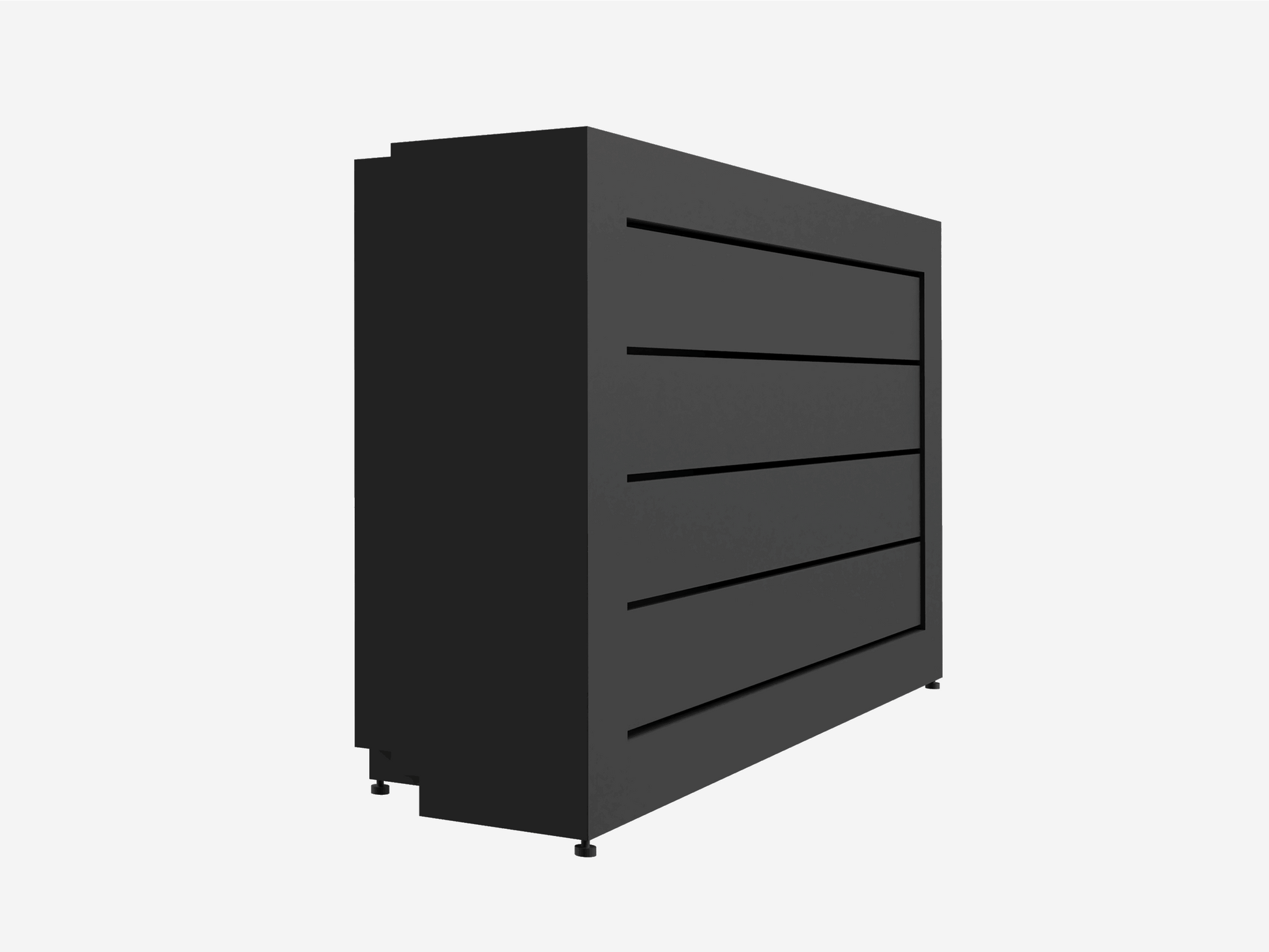 Black aluminum grill cabinet for outdoor kitchen storage, with a modern design and horizontal recessed lines.