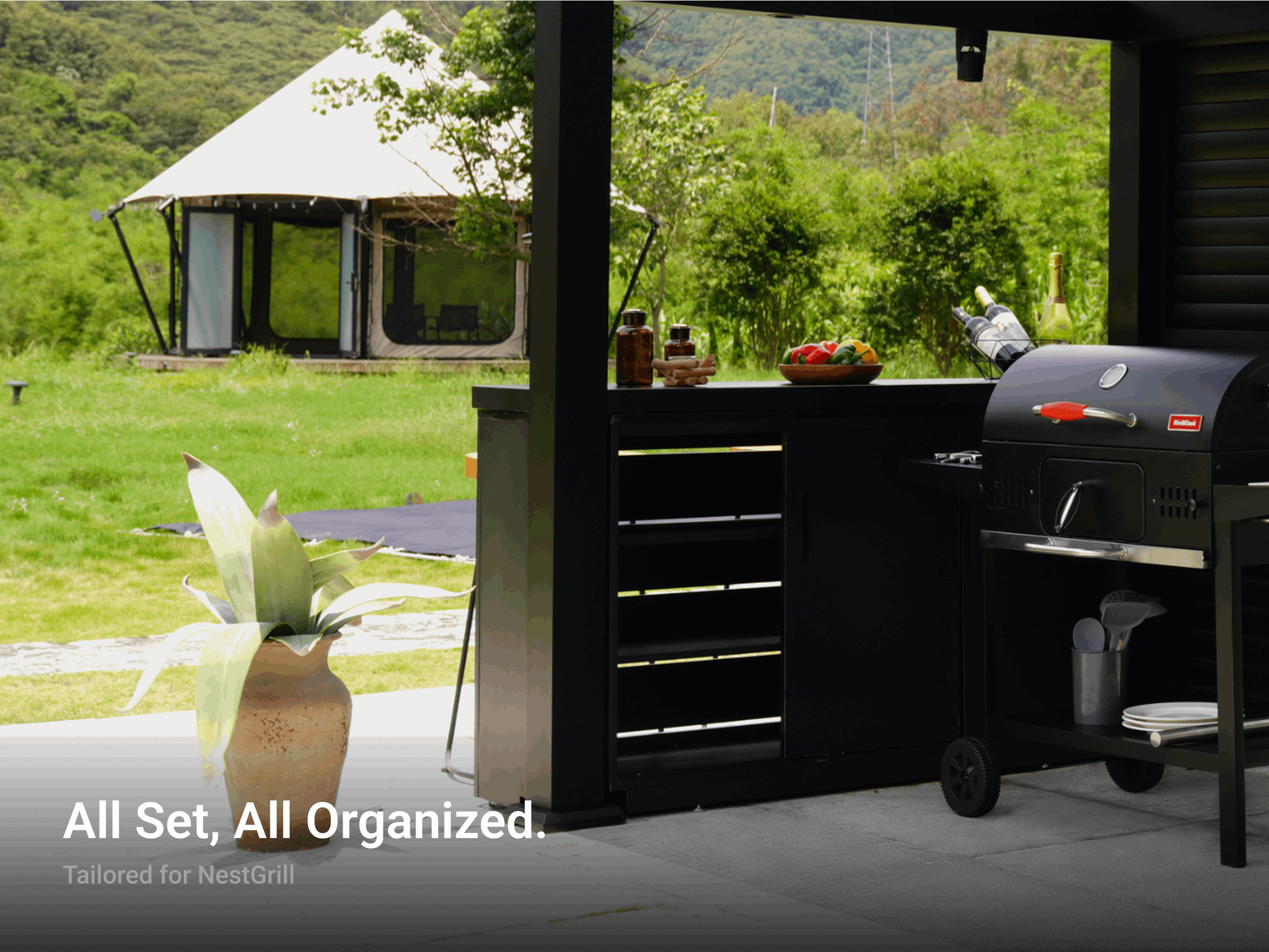 Outdoor aluminum grill cabinet with sliding doors, perfect for organizing outdoor kitchen supplies, tailored for NestGrill