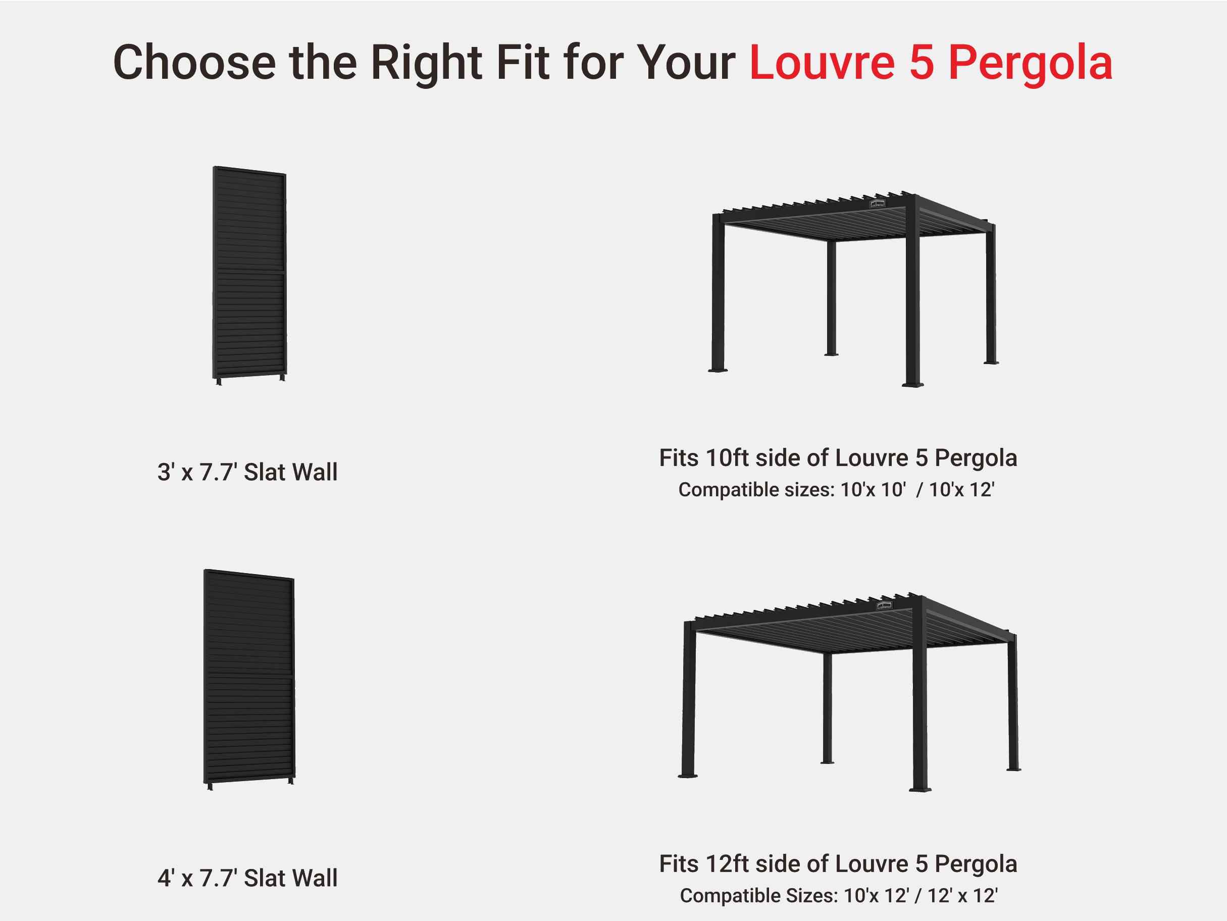 Aluminum Slat Walls for Louvre 5 Pergola - Various sizes for outdoor privacy solutions. Weather-resistant and durable design.
