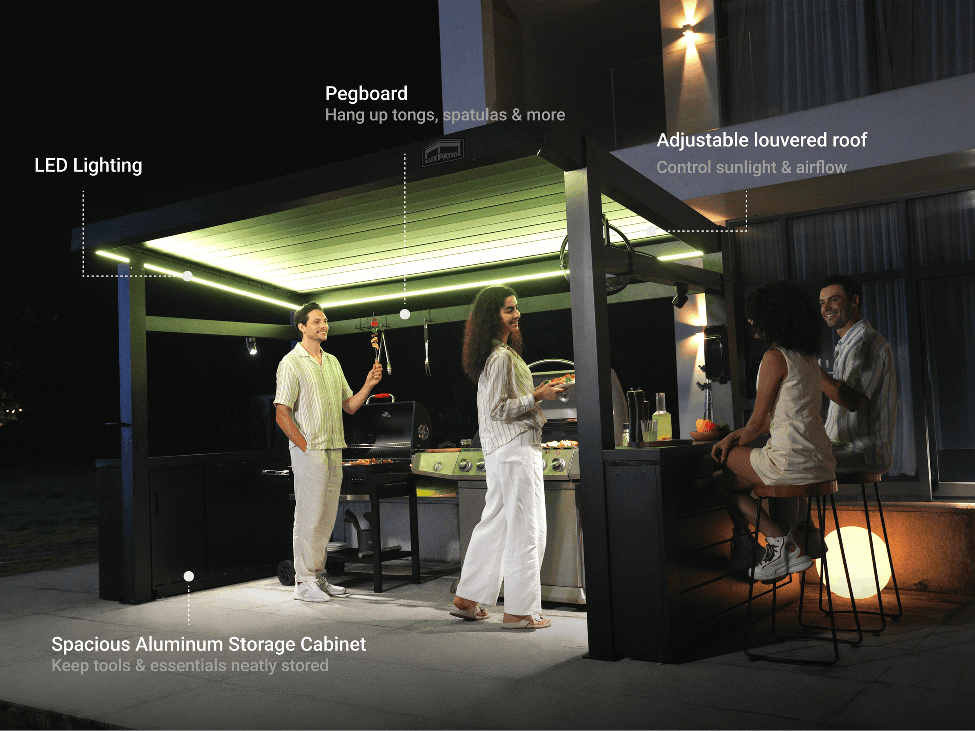 LuxPatio Grill Louvered Pergola Pro outdoor grill with LED lighting, adjustable roof, and storage. Enjoy backyard cooking.