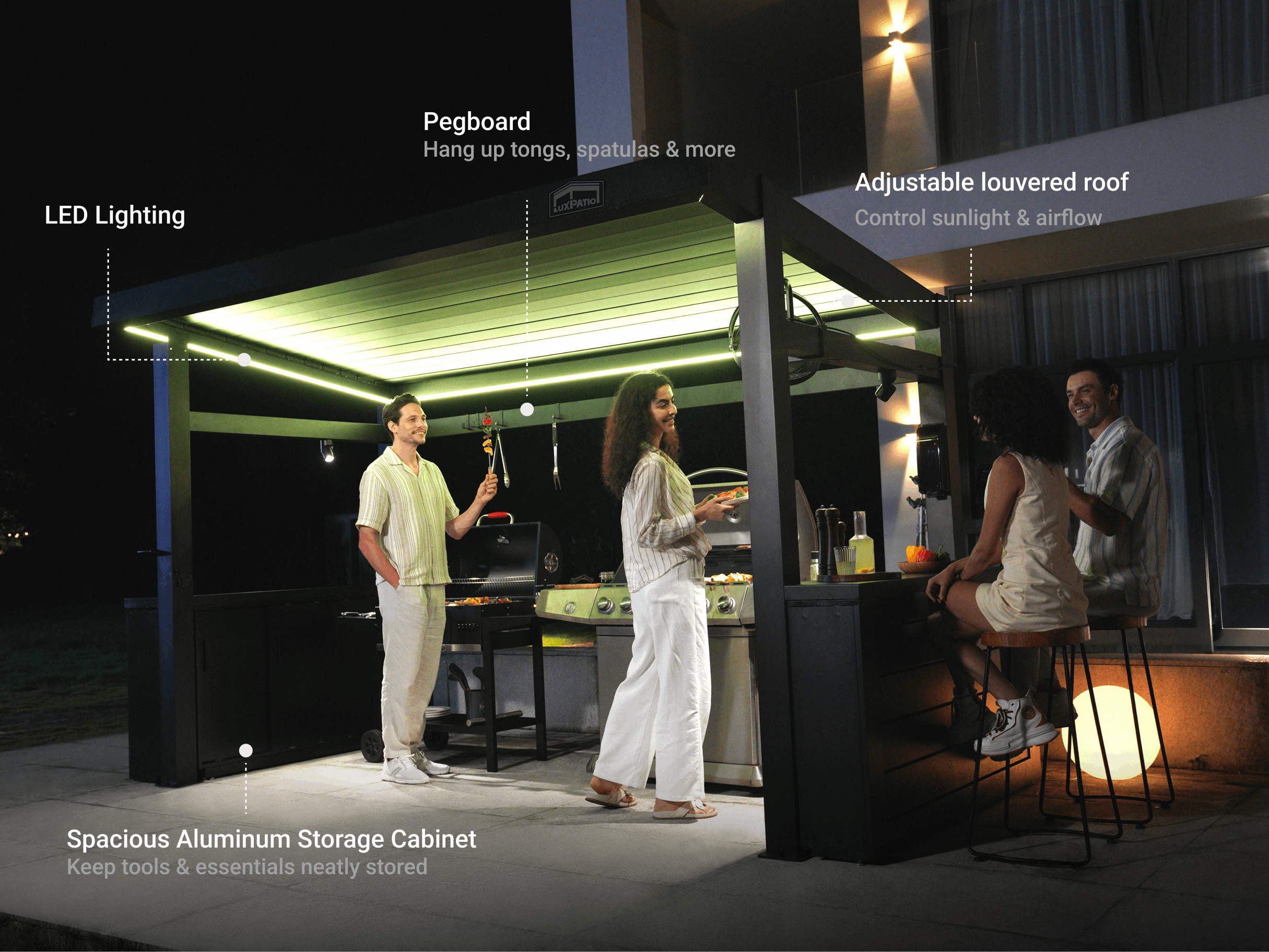 LuxPatio Grill Louvered Pergola Pro outdoor grill with LED lighting, adjustable roof, and storage. Enjoy backyard cooking.