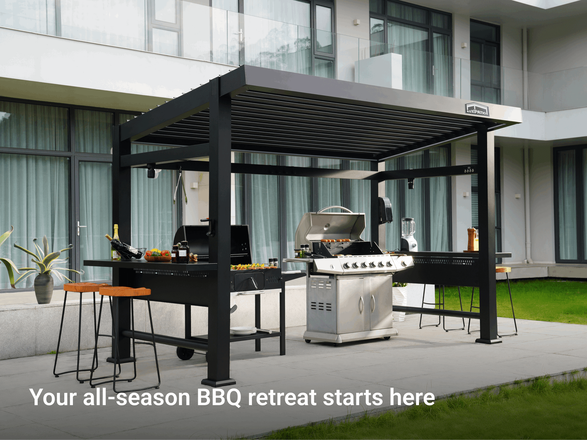 Black Grill Louvered Pergola Pro outdoor grilling setup with stainless steel grill, perfect for outdoor cooking and entertaining.