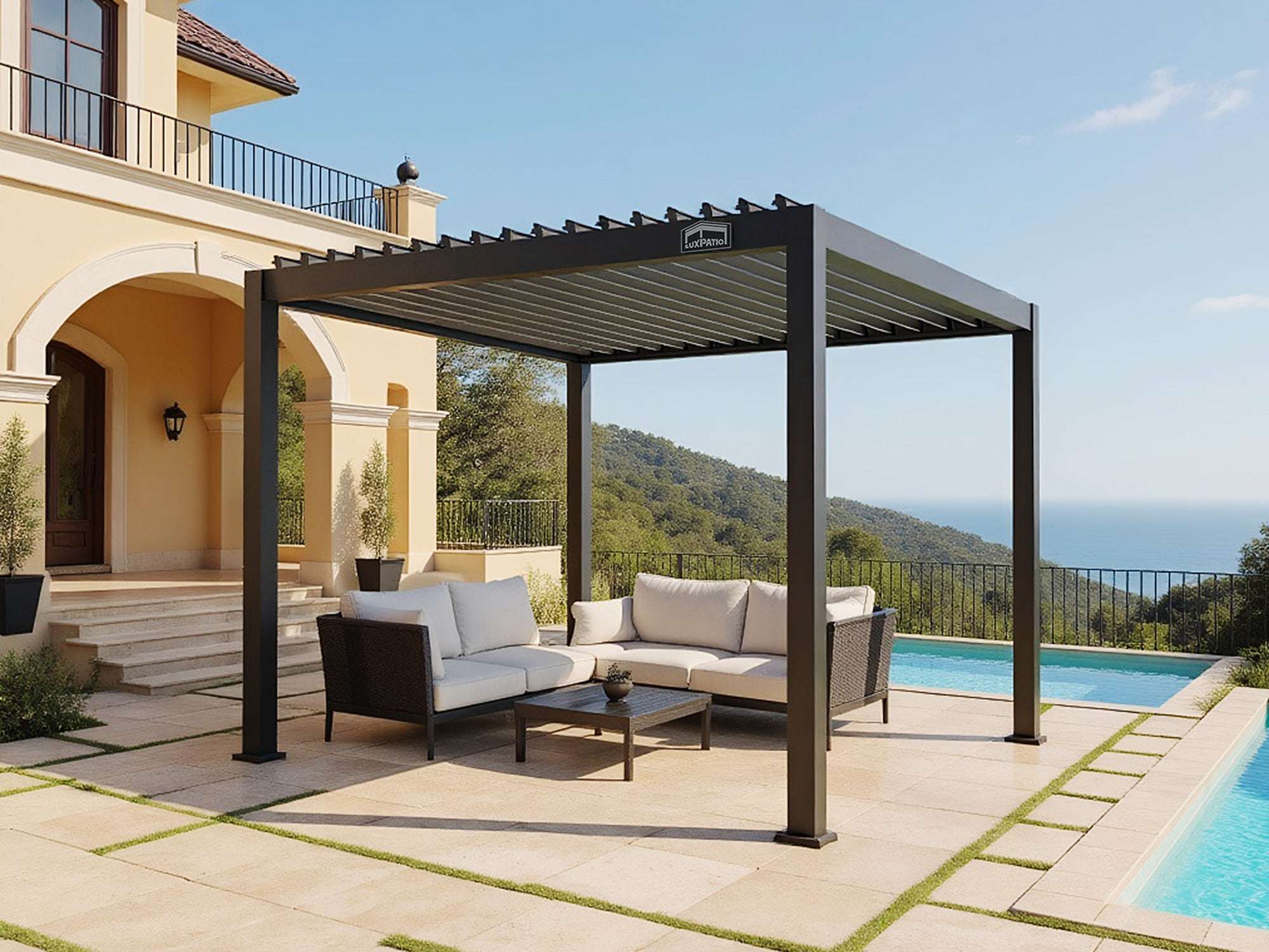 LuxPatio black aluminum louvered pergola with patio furniture and pool, enhancing outdoor living space