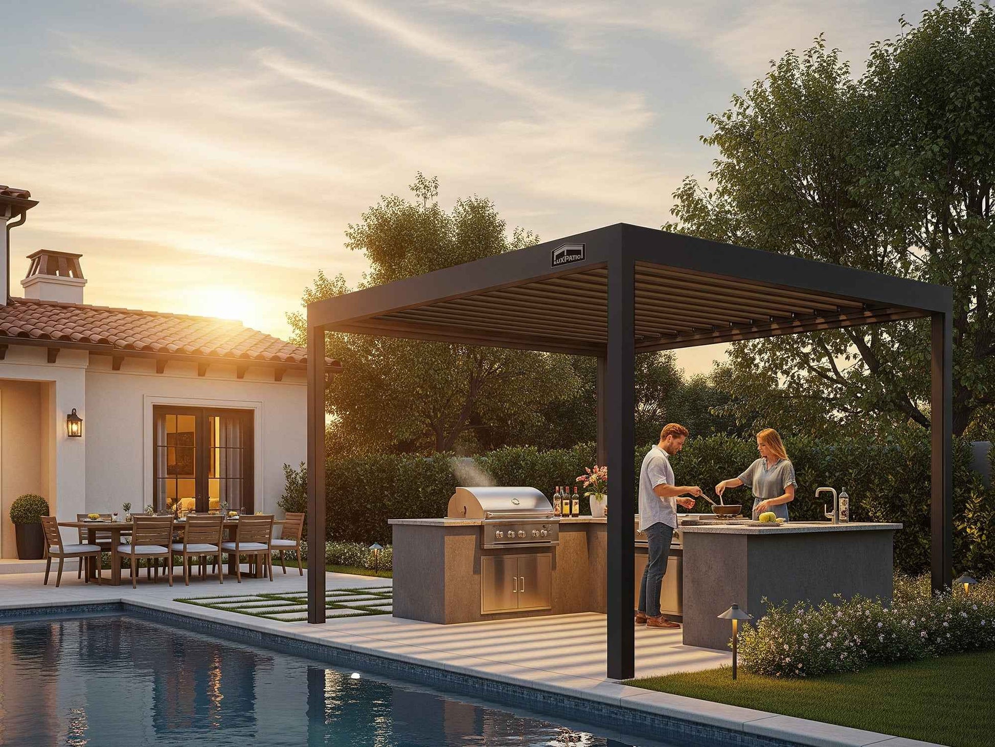LuxPatio aluminum louvered pergola with outdoor kitchen, perfect for backyard cooking and relaxation.