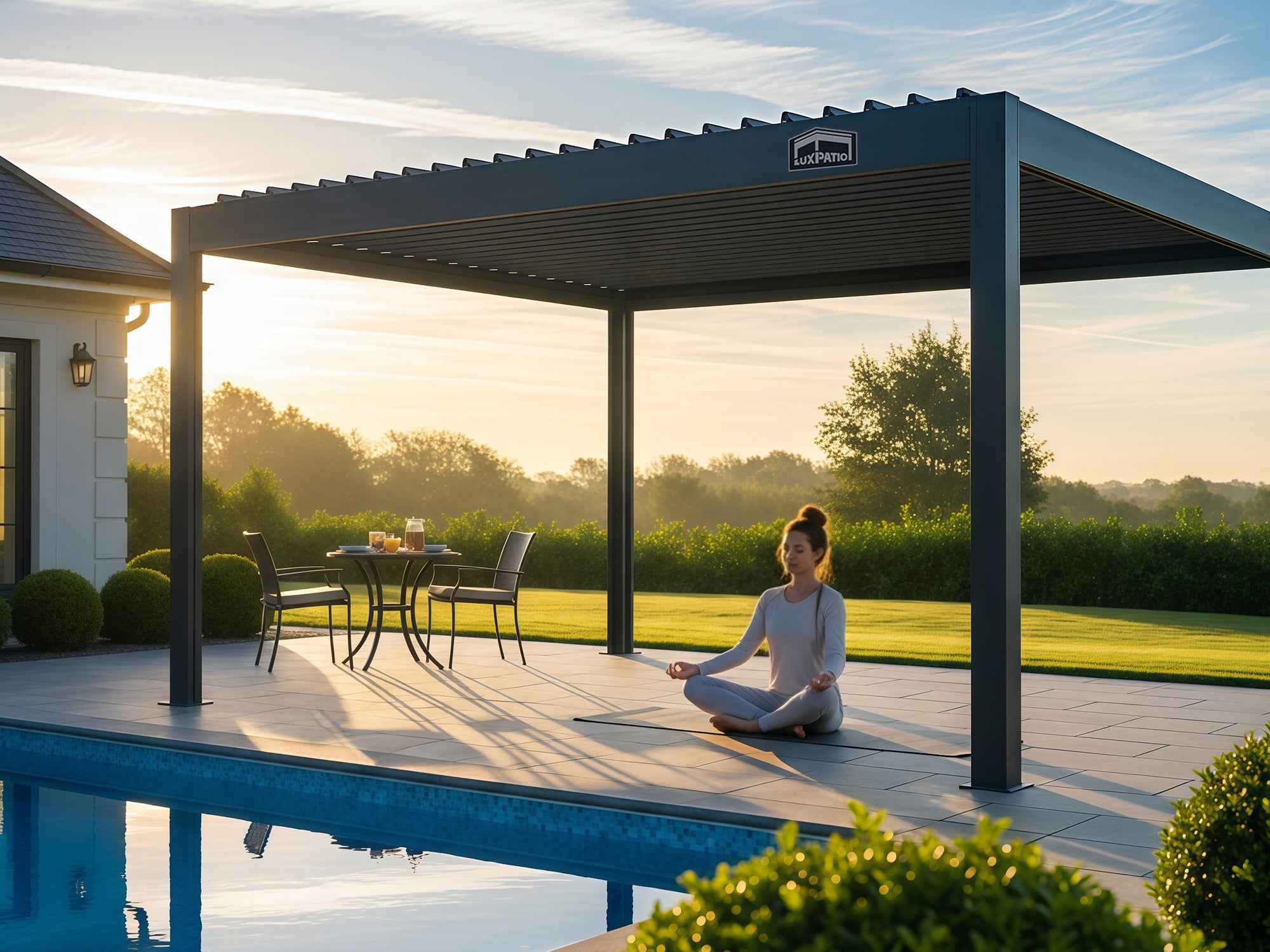 LuxPatio black aluminum louvered pergola providing shade for yoga practice and outdoor living, near a pool and backyard view.