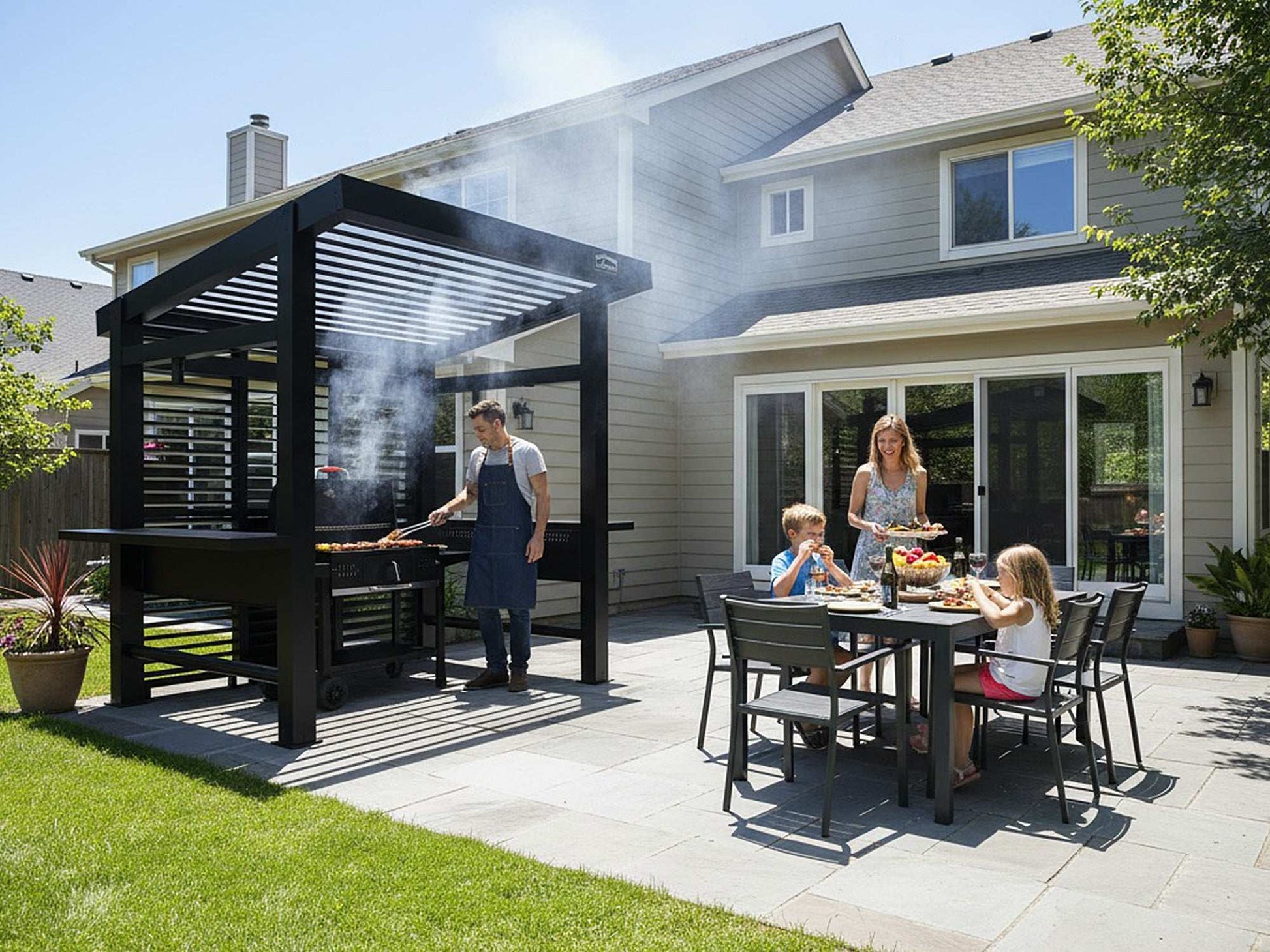 A family enjoying a backyard barbecue, with a man grilling under a black pergola and a woman and children eating at a table.