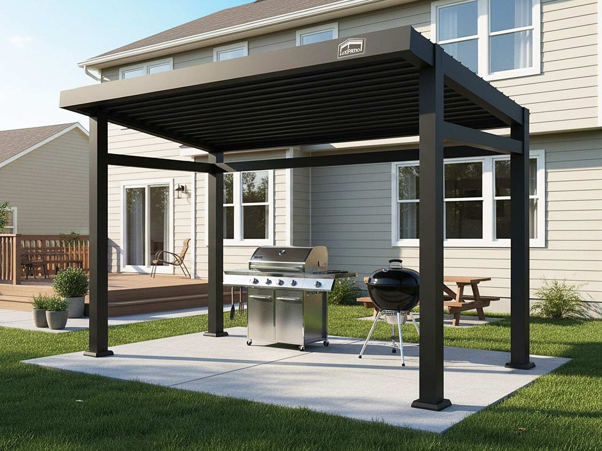A black pergola with a solid roof covers a large grill on a concrete patio in a suburban backyard.