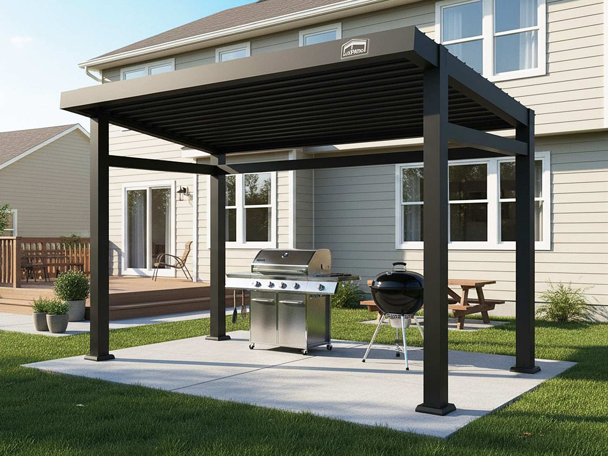 A black pergola with a solid roof covers a large grill on a concrete patio in a suburban backyard.