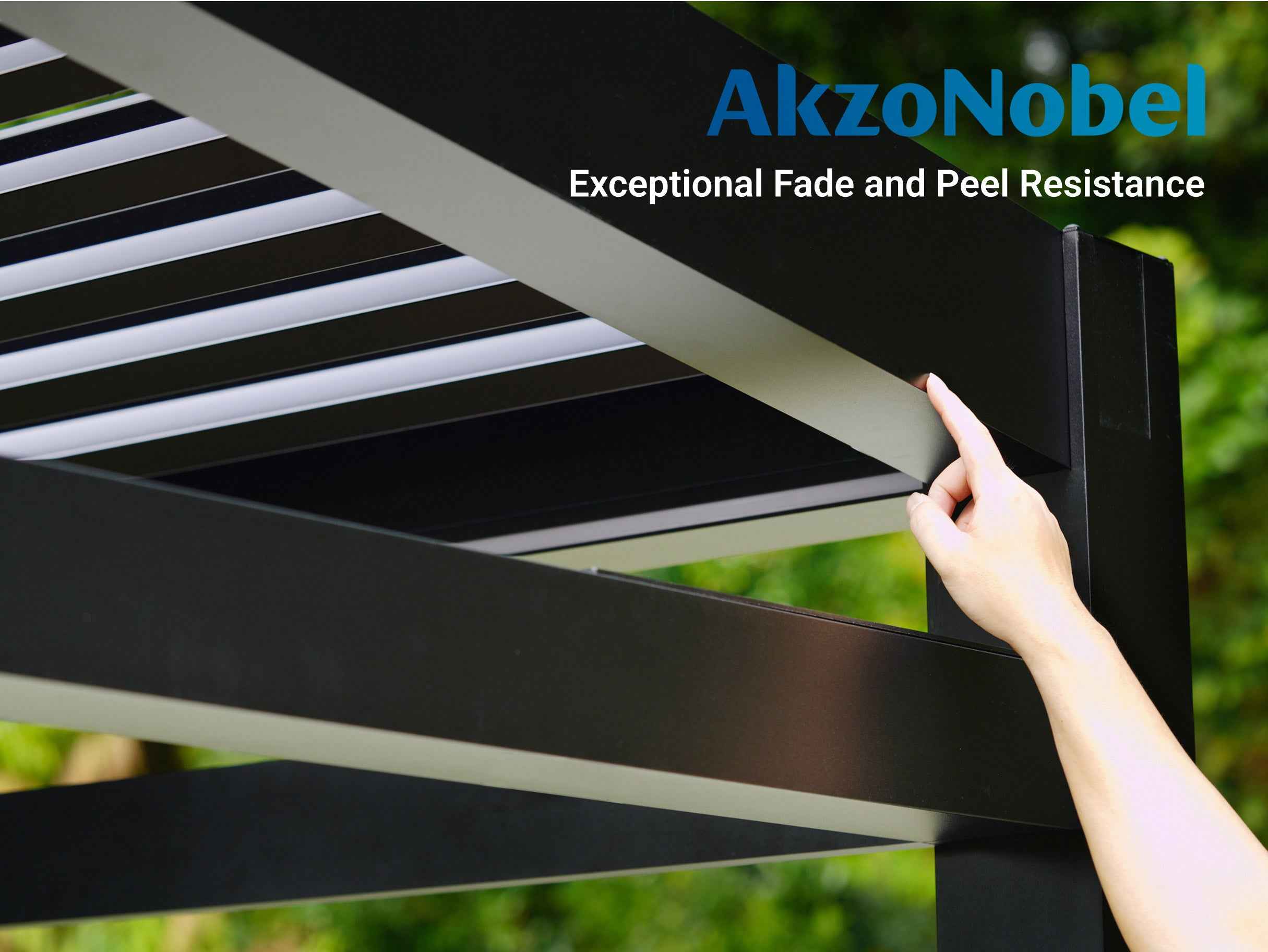 LuxPatio Grill Louvered Pergola Lite with black frame, featuring AkzoNobel coating with fade resistance, adjustable louver.