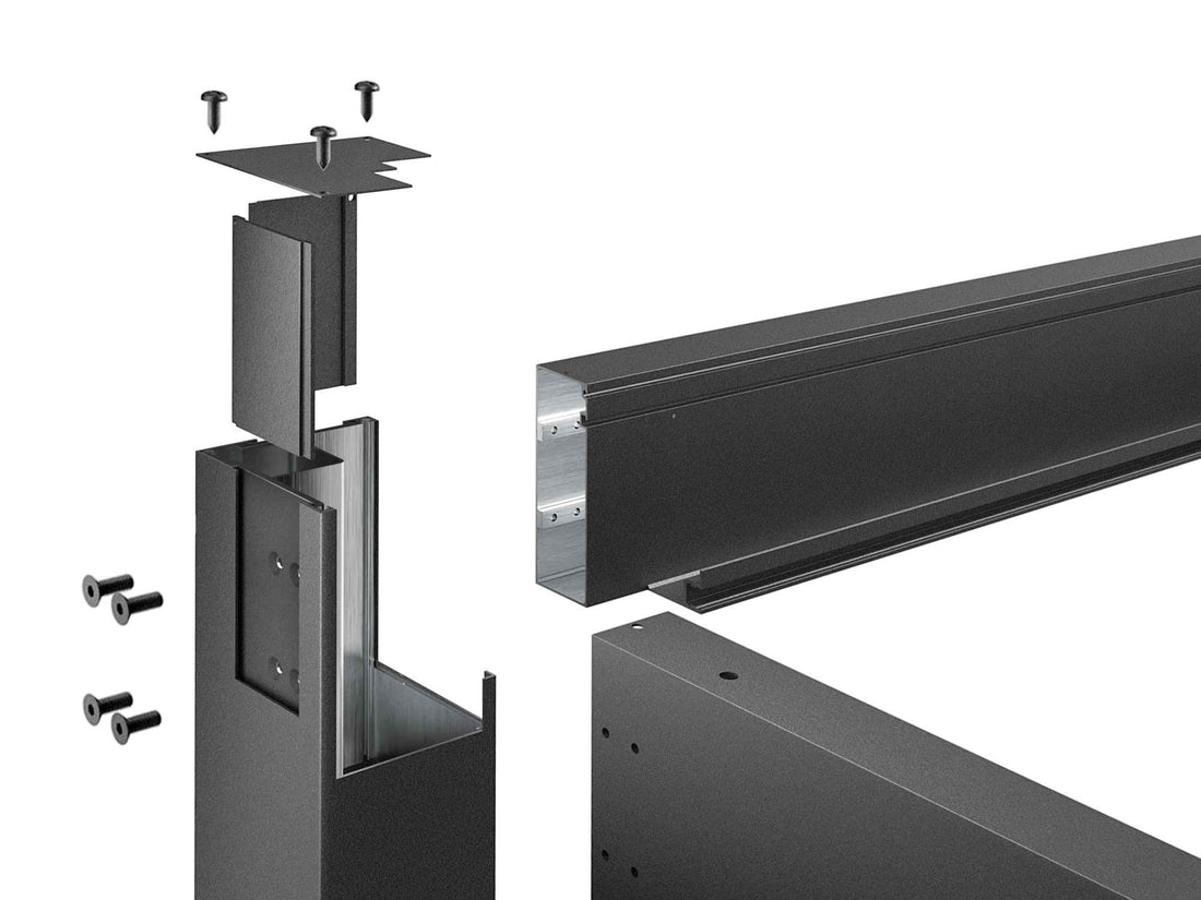 Exploded view of durable aluminum louvered pergola components showing screws, brackets and beam construction for outdoor spaces.