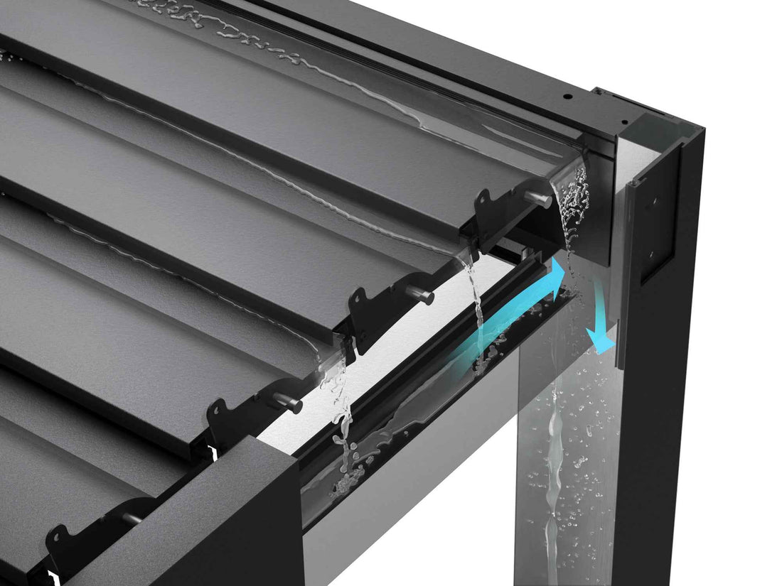 Aluminum louvered pergola with efficient water drainage system, shown in cross-section for a dry outdoor living space.